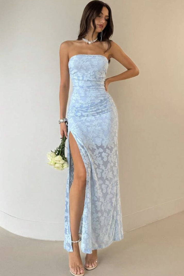 Floral Lace Strapless Ruched High Split Maxi Dress