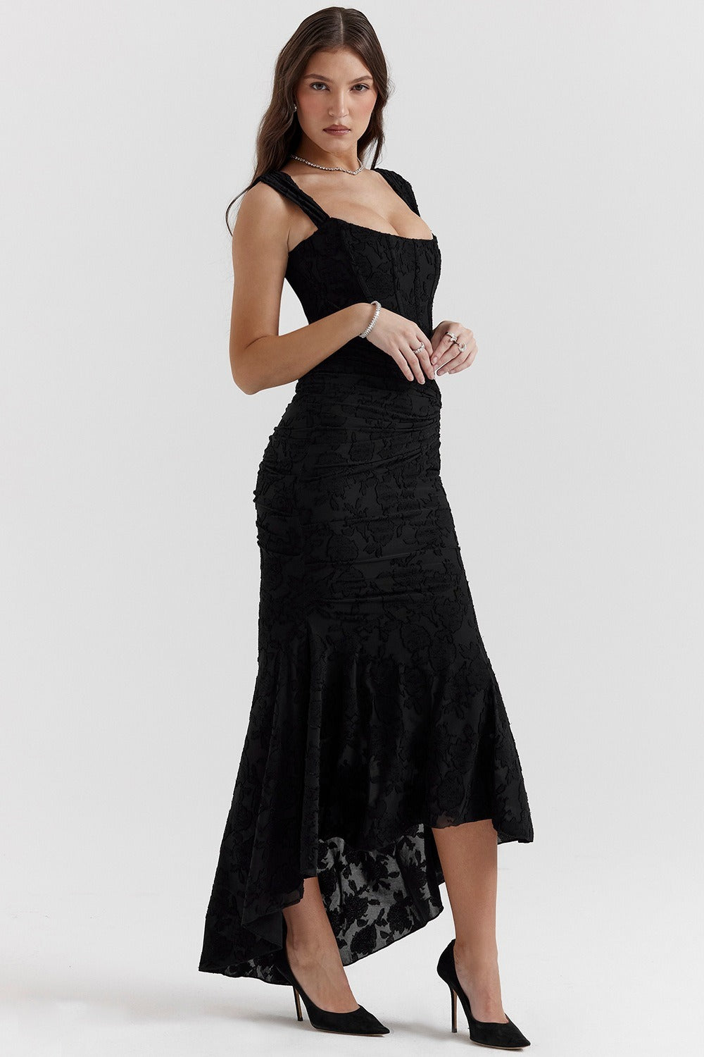 Jacquard Square Neck Corset Ruched Mermaid Gown