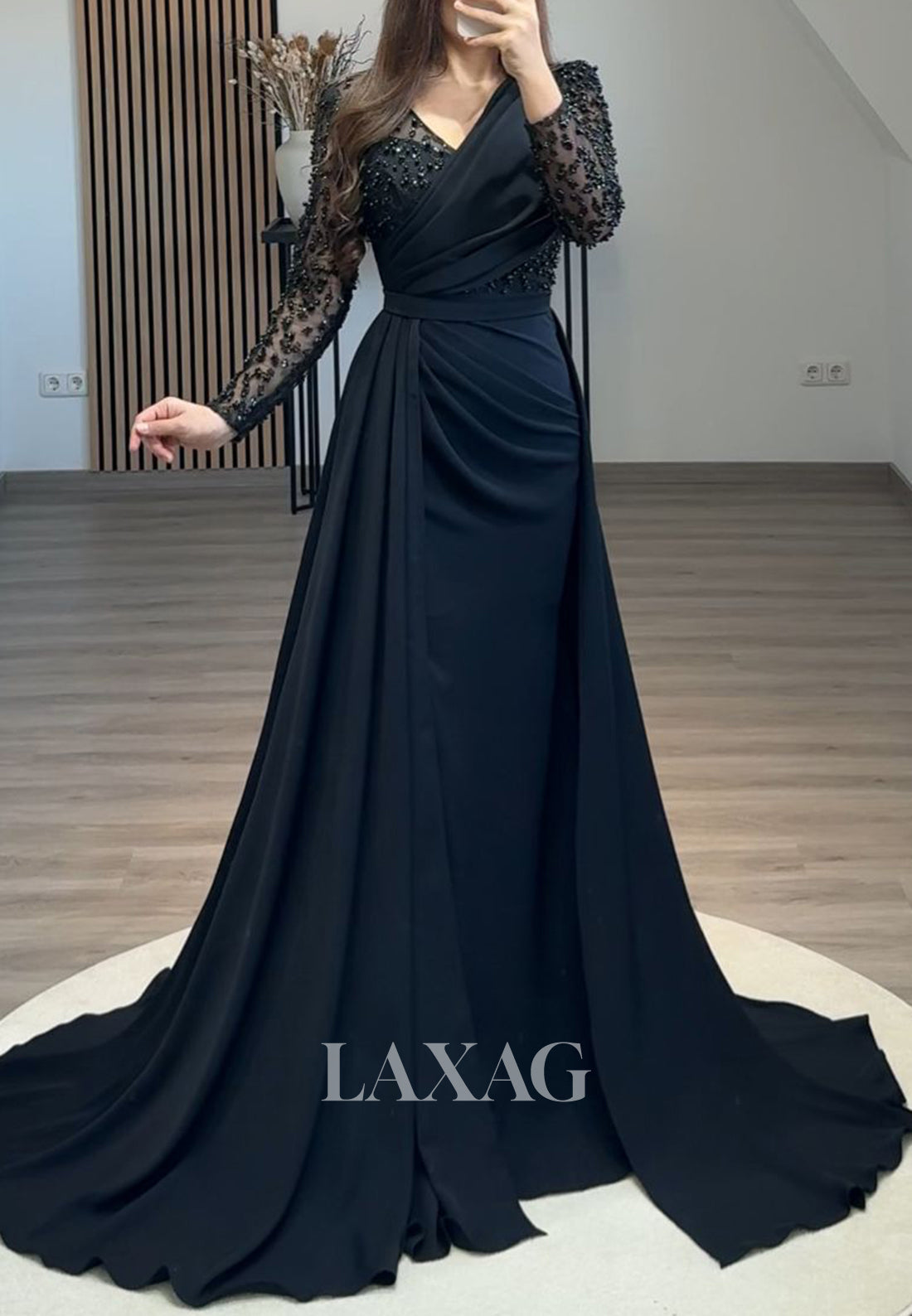 V-Neck Long Sleeves Mermaid Prom Dress Beaded Pleated Chiffon Formal Fowns with Overskirt