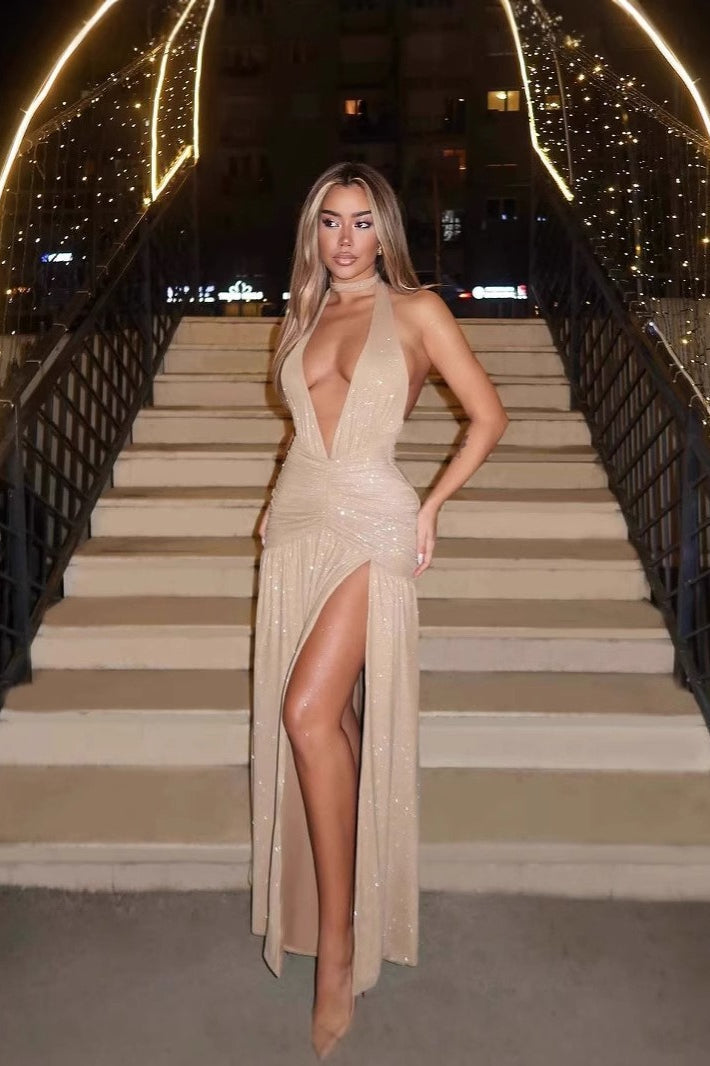 Halter Deep V-Neck Rhinestone Ruched High Split Maxi Dress