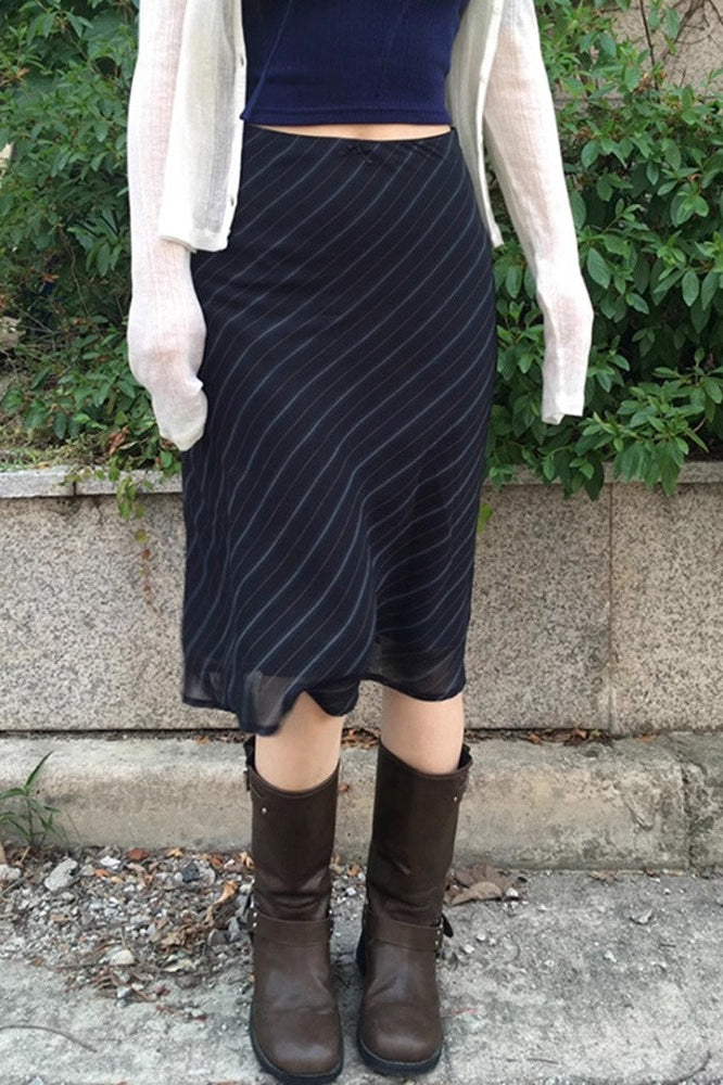 Diagonal Stripe Sheer Mesh Overlay Low Waist Midi Skirt 3