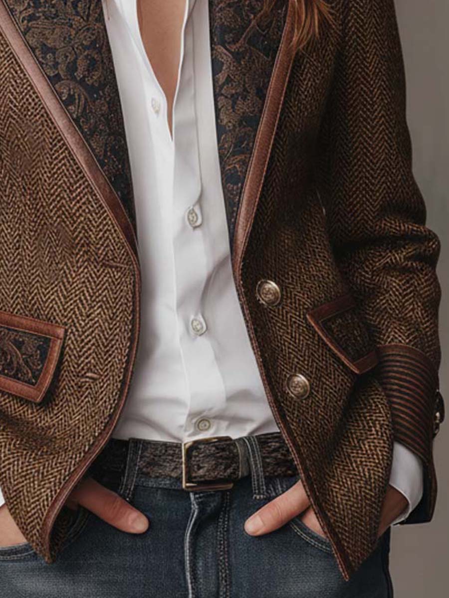 Herringbone Paisley Panel Faux Leather Trim Blazer