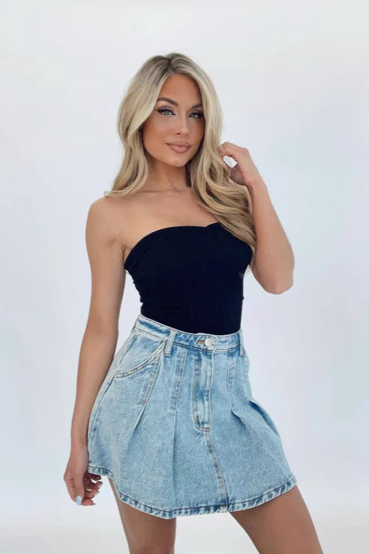 High-Waist Pleated Denim Mini Skort