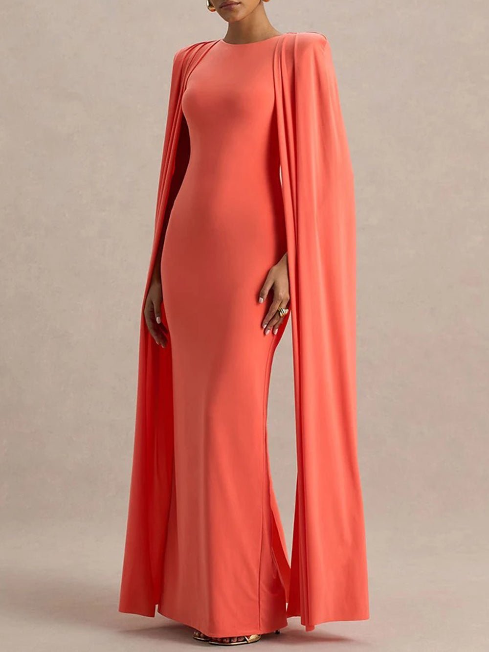 Cape Sleeve Round Neck Bodycon Maxi Gown - View 3