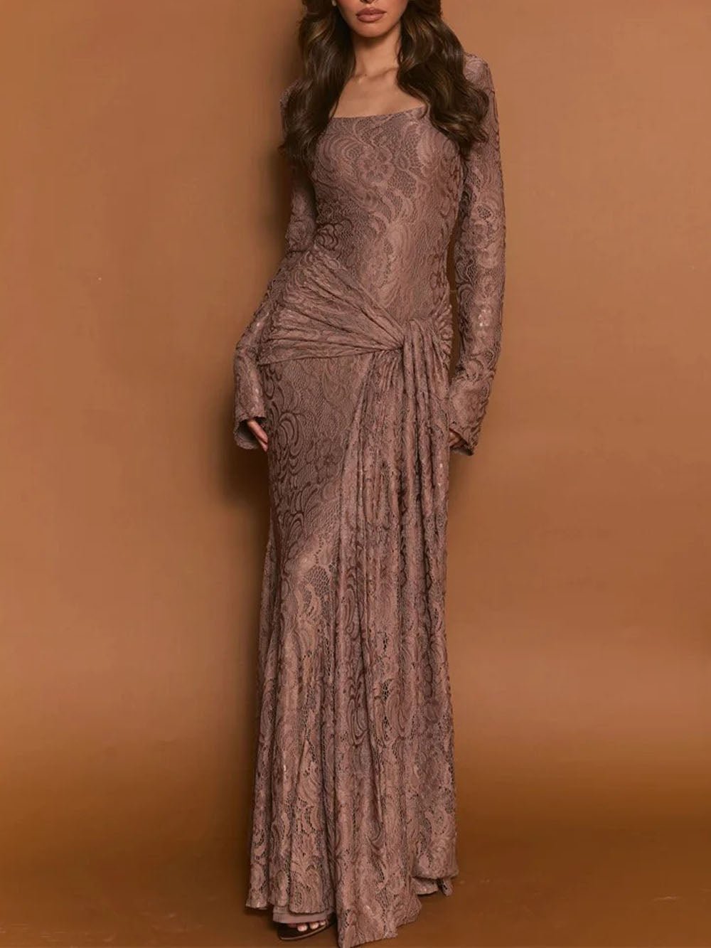 Lace Square Neck Long Sleeve Draped Knot Mermaid Maxi Dress 3