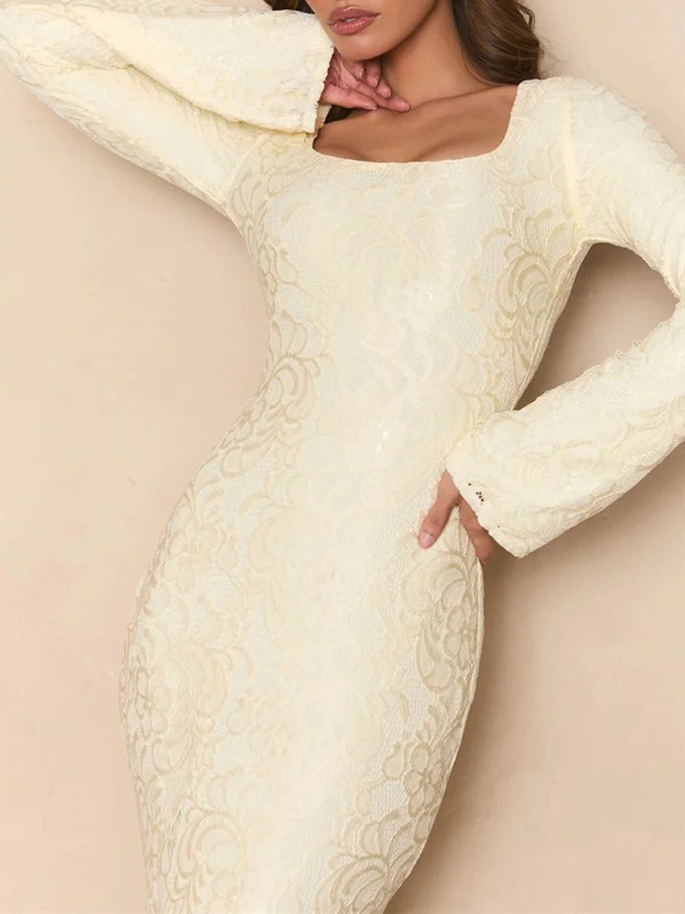 Lace Scoop Neck Bell Sleeve Twist Front Mermaid Maxi Dress 3