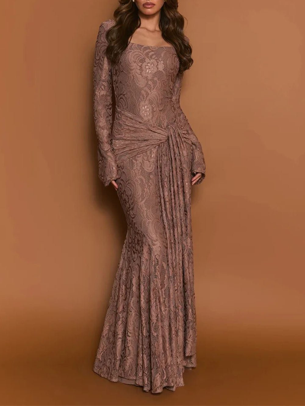 Lace Square Neck Long Sleeve Draped Knot Mermaid Maxi Dress