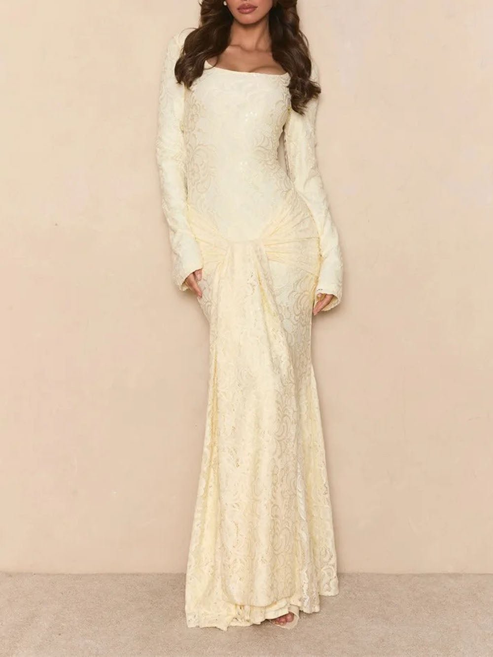 Lace Scoop Neck Bell Sleeve Twist Front Mermaid Maxi Dress 4