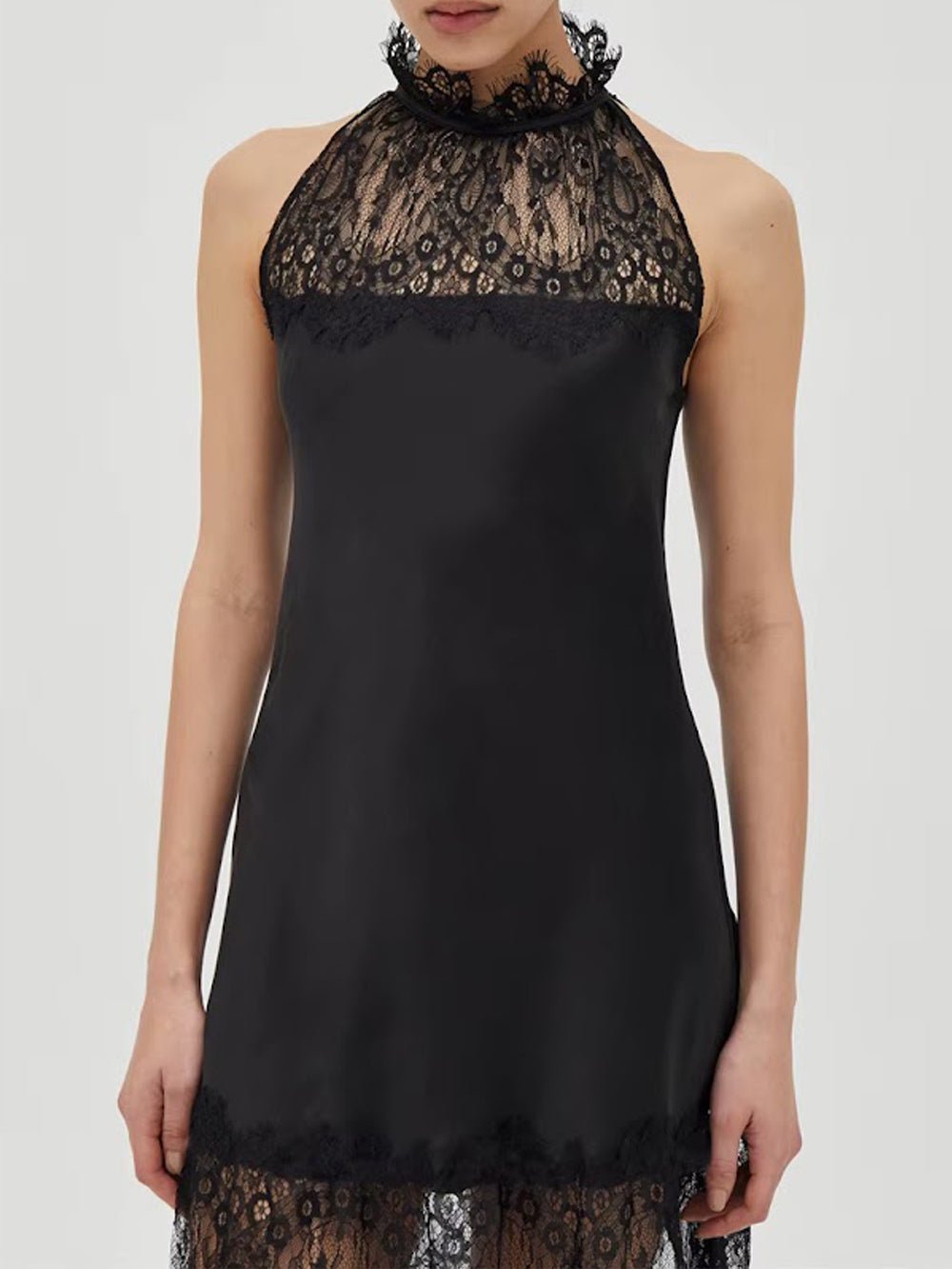 Lace Halter Neck Sheer Hem Satin Slip Maxi Dress - View 6