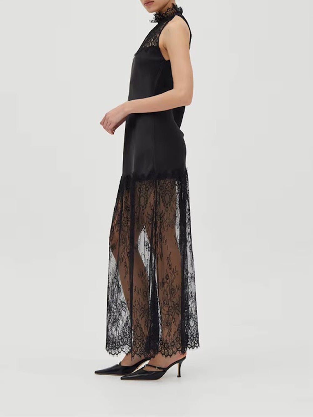Lace Halter Neck Sheer Hem Satin Slip Maxi Dress - View 5