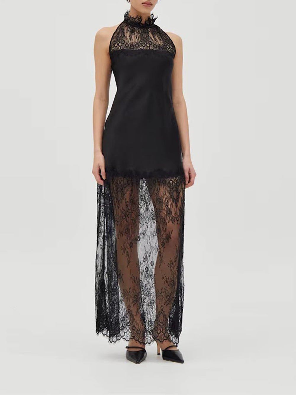 Lace Halter Neck Sheer Hem Satin Slip Maxi Dress - View 3