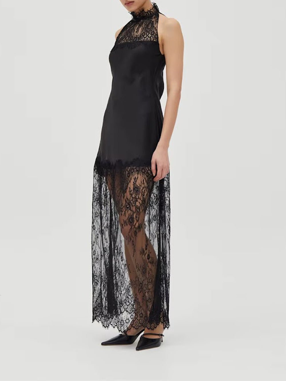 Lace Halter Neck Sheer Hem Satin Slip Maxi Dress - View 4