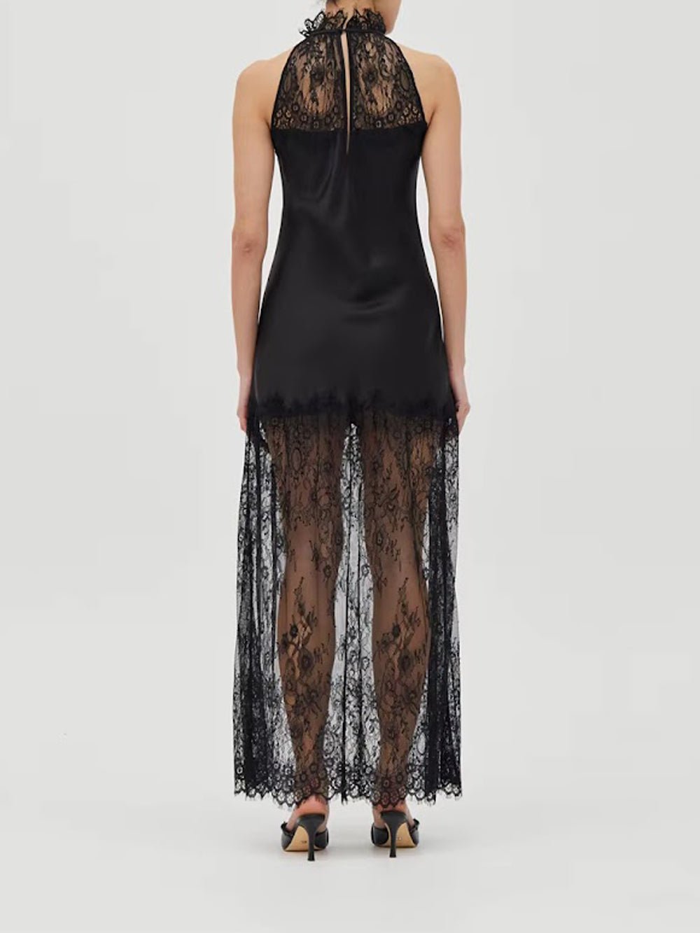 Lace Halter Neck Sheer Hem Satin Slip Maxi Dress - View 2