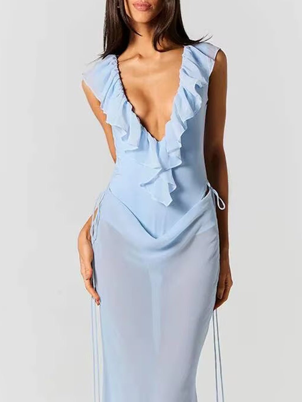 Deep V-Neck Ruffle Trim Backless Bias Cut Mermaid Maxi Dress in Blue - View 4