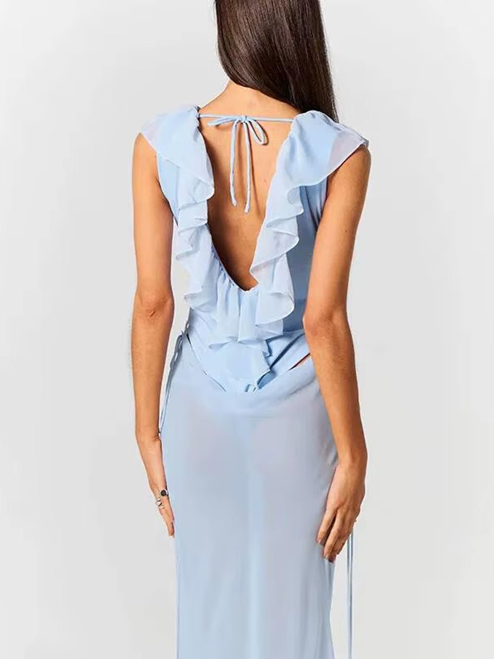 Deep V-Neck Ruffle Trim Backless Bias Cut Mermaid Maxi Dress in Blue - View 2