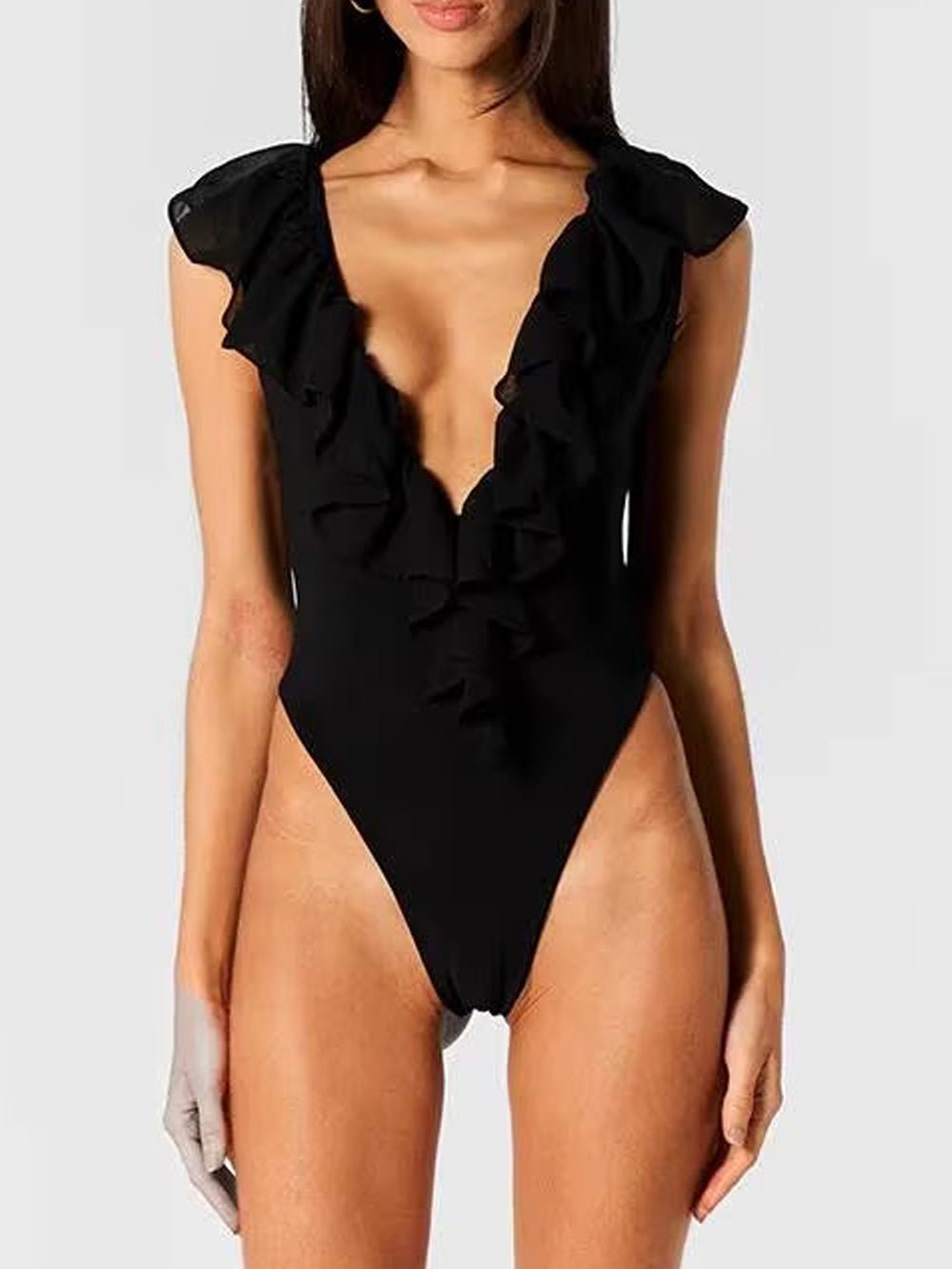 Deep V-Neck Ruffle Trim Backless Bias Cut Mermaid Maxi Dress - View 3