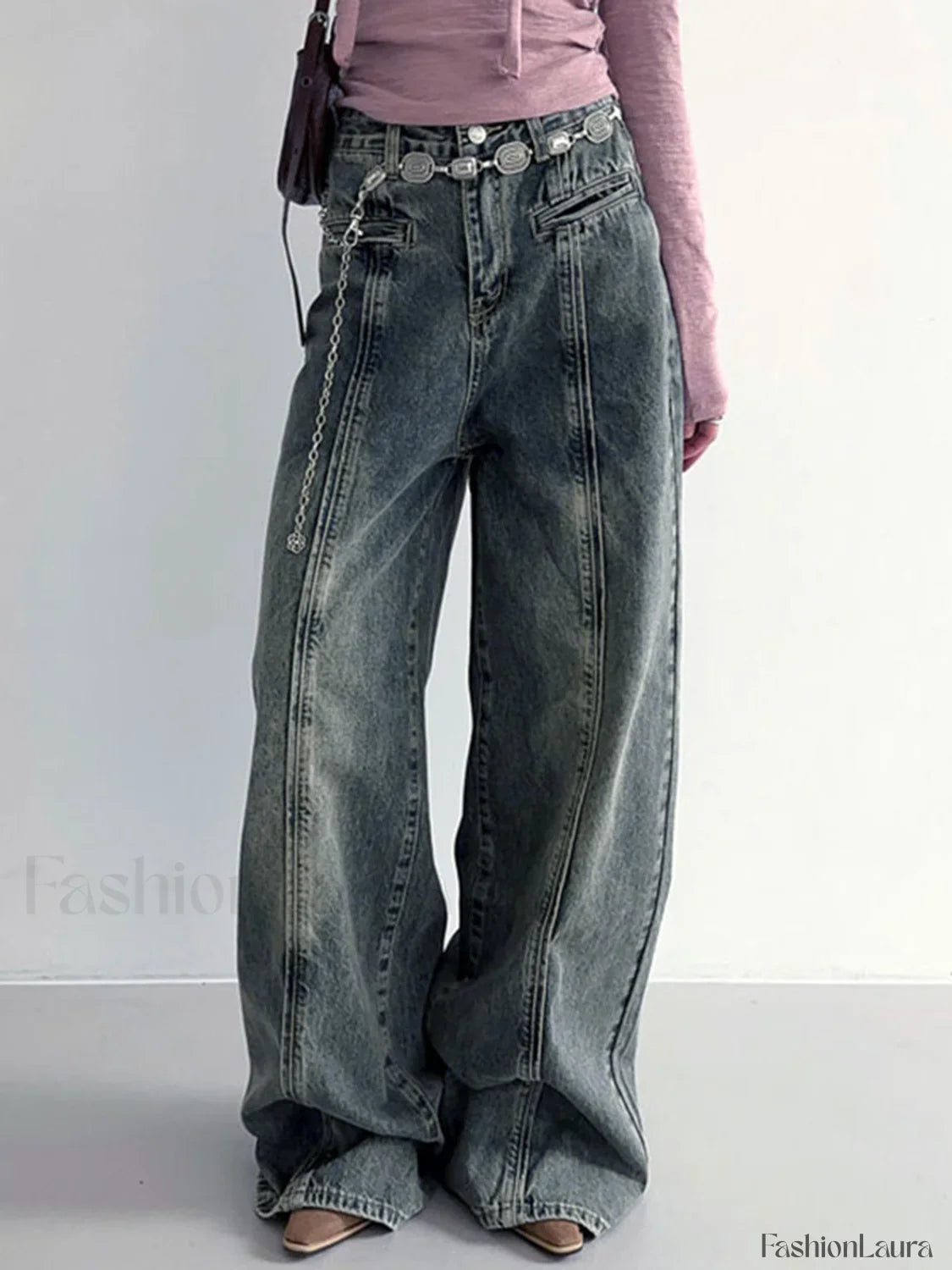 Center Stripe Wide Trendy Leg Jeans Without Belt