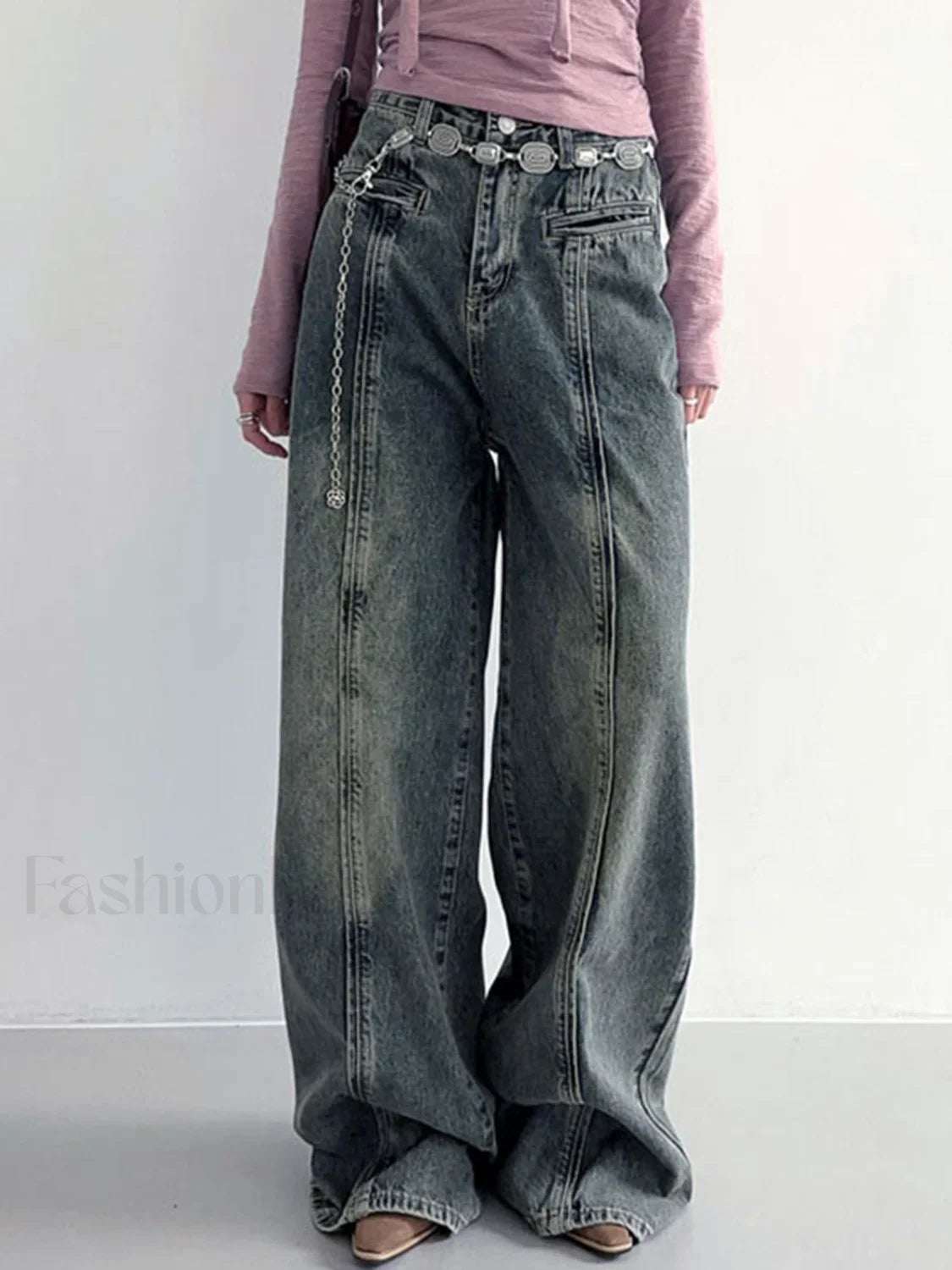 Center Stripe Wide Trendy Leg Jeans Without Belt Blue / XS Jeans