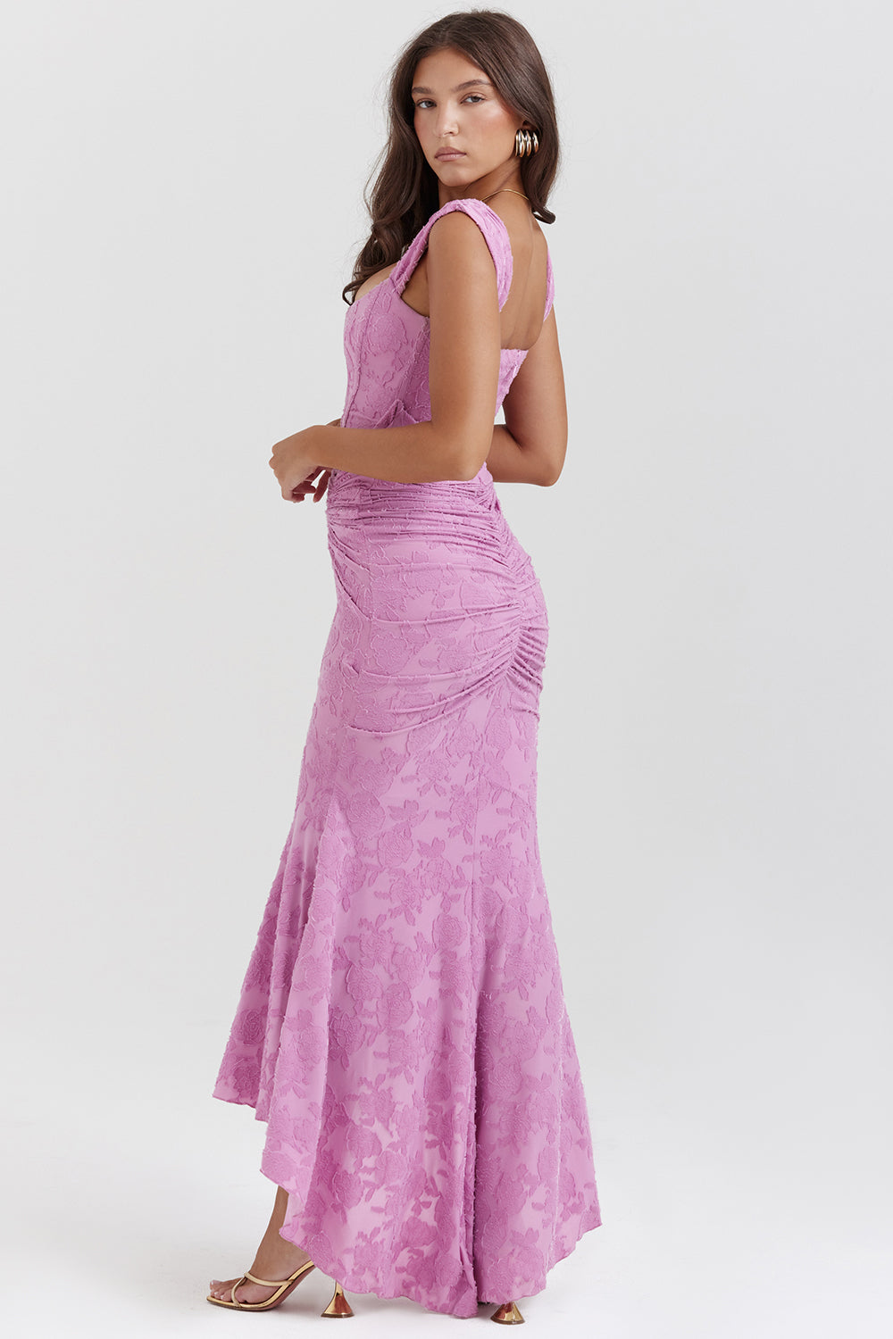 Floral Jacquard Square Neck Corset Bodice Ruched Mermaid High Low Gown