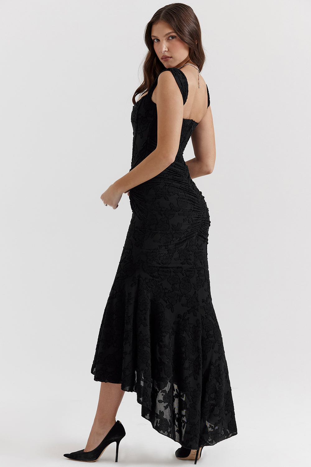 Floral Jacquard Square Neck Corset Bodice Ruched Mermaid High Low Gown
