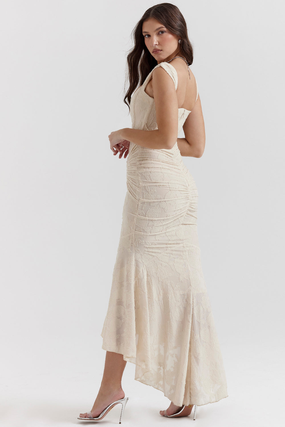 Floral Jacquard Square Neck Corset Bodice Ruched Mermaid High Low Gown