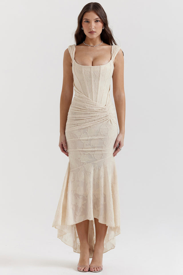 Floral Jacquard Square Neck Corset Bodice Ruched Mermaid High Low Gown
