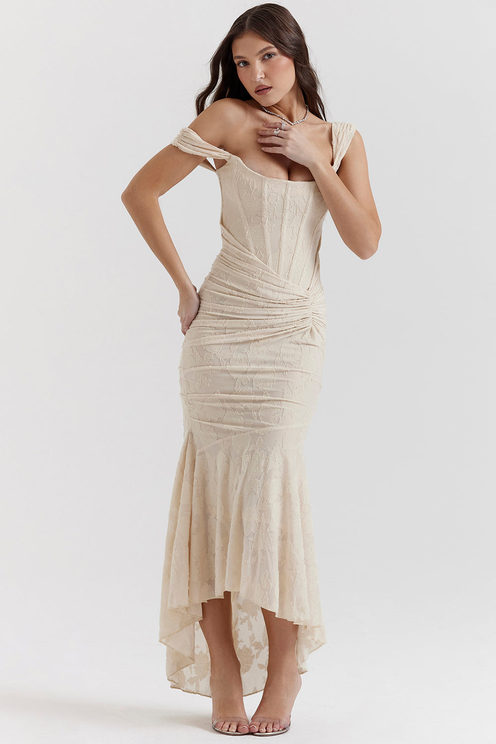 Floral Jacquard Square Neck Corset Bodice Ruched Mermaid High Low Gown