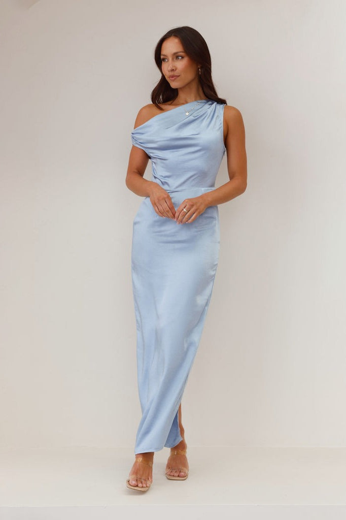 Satin One Shoulder Draped Column Maxi Dress