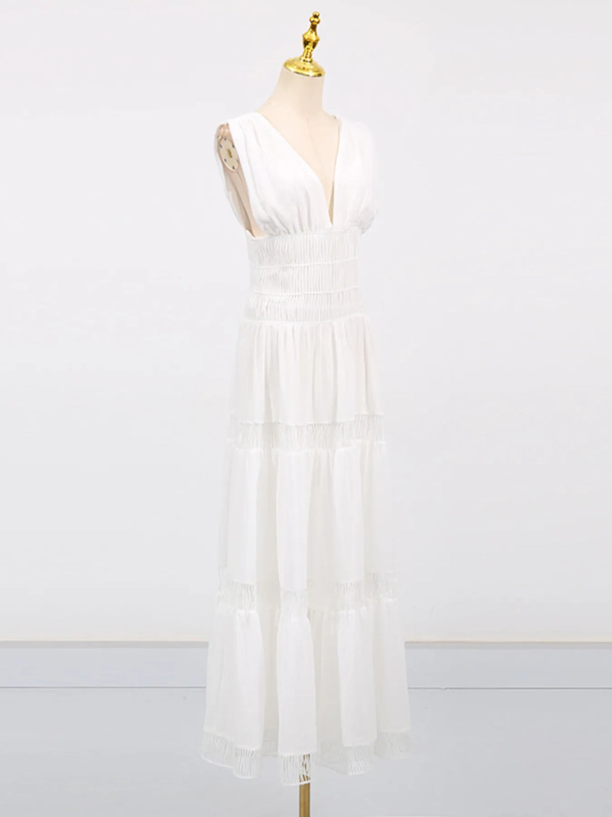 Deep V-Neck Sleeveless Smocked Waist Ladder Trim Tiered Maxi Dress 6