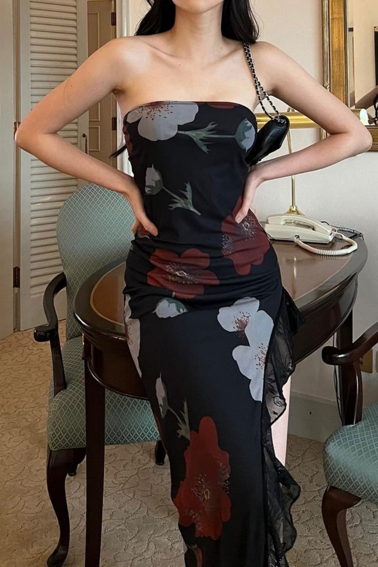 Off Shoulder Mesh Strapless Slit Slim Floral Dress 2