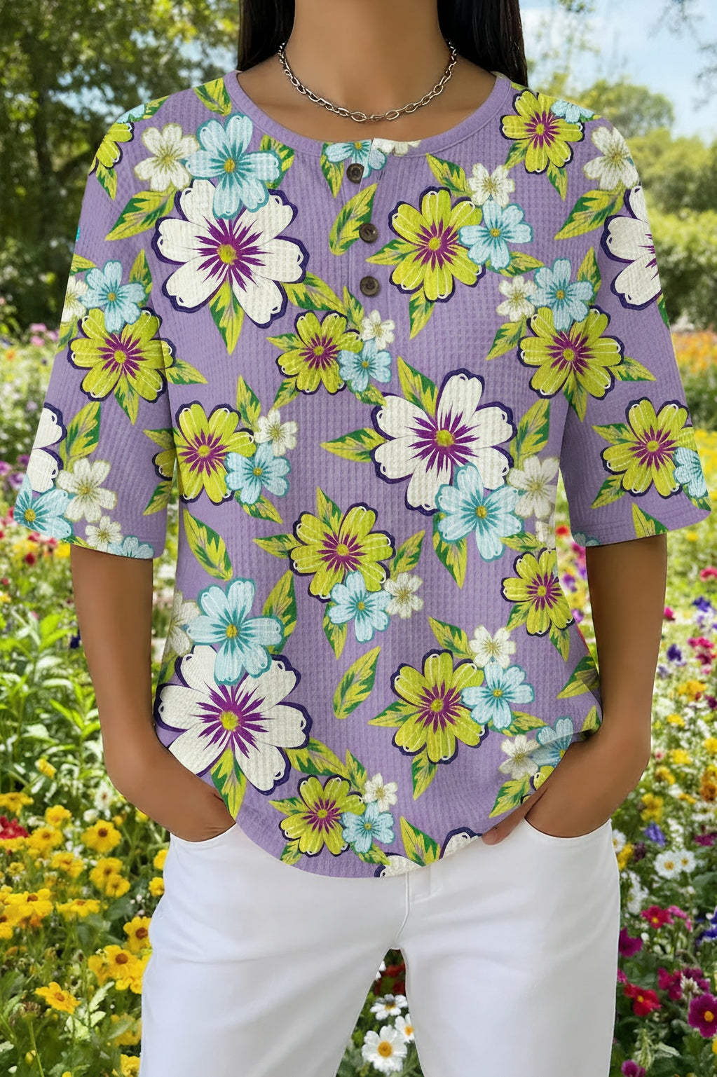 Floral Print Button Placket Short Sleeve Top