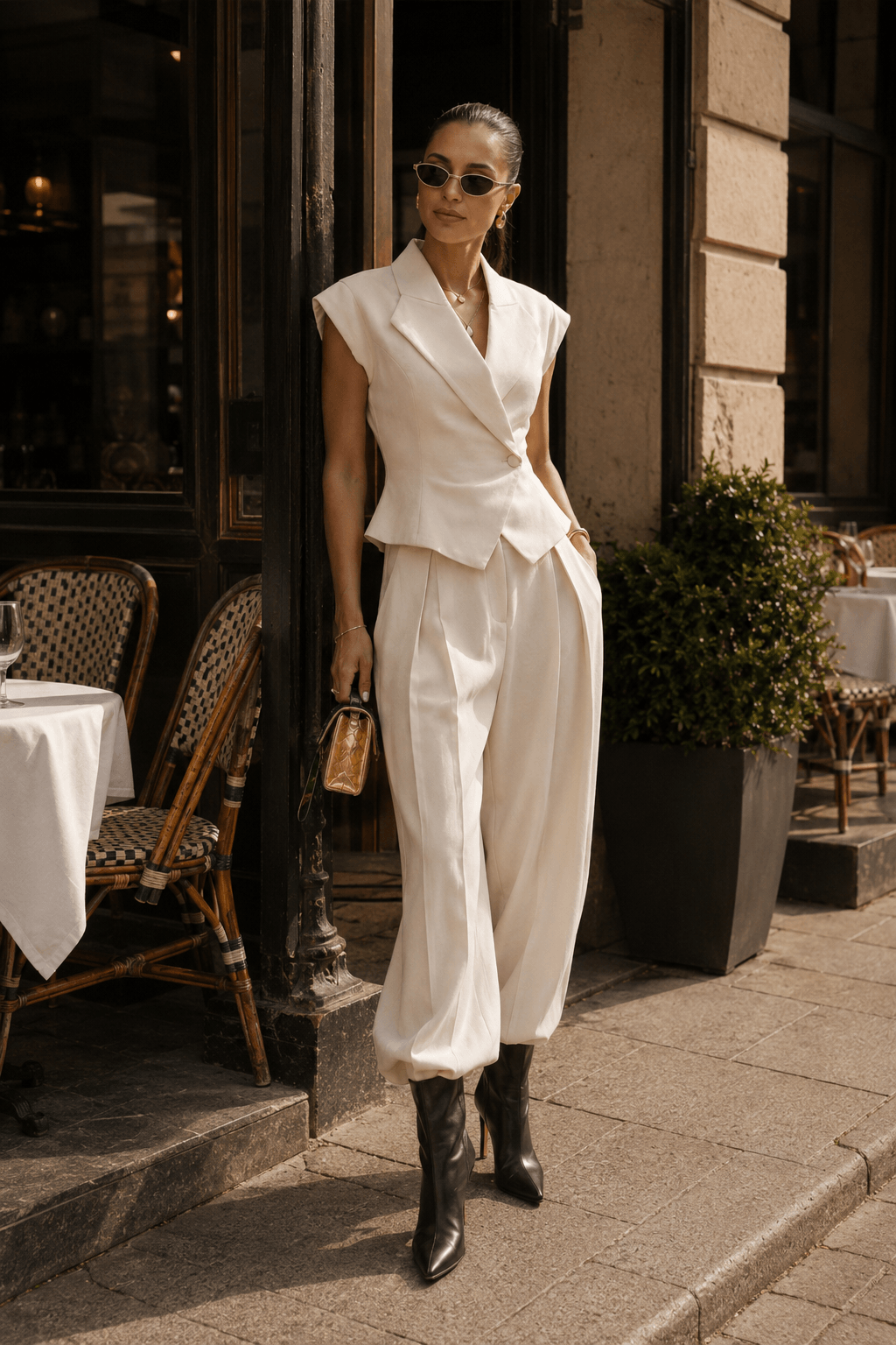 Cinched Sleeveless Vest High Waist Wide Leg Work Set