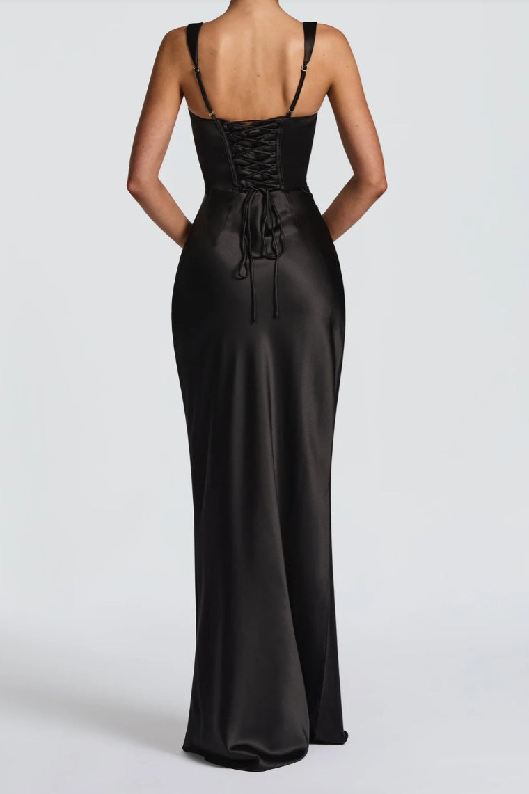 Satin Square Neck Ruched Slim Fit Maxi Prom Dress