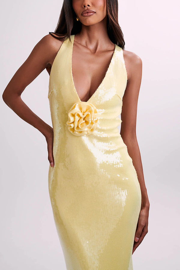 Sequin Halter Neck Floral Applique Backless Mermaid Maxi Dress