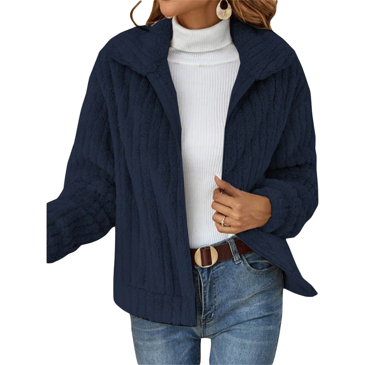 Fuzzy Fleece Lapel Collar Open Front Jacket