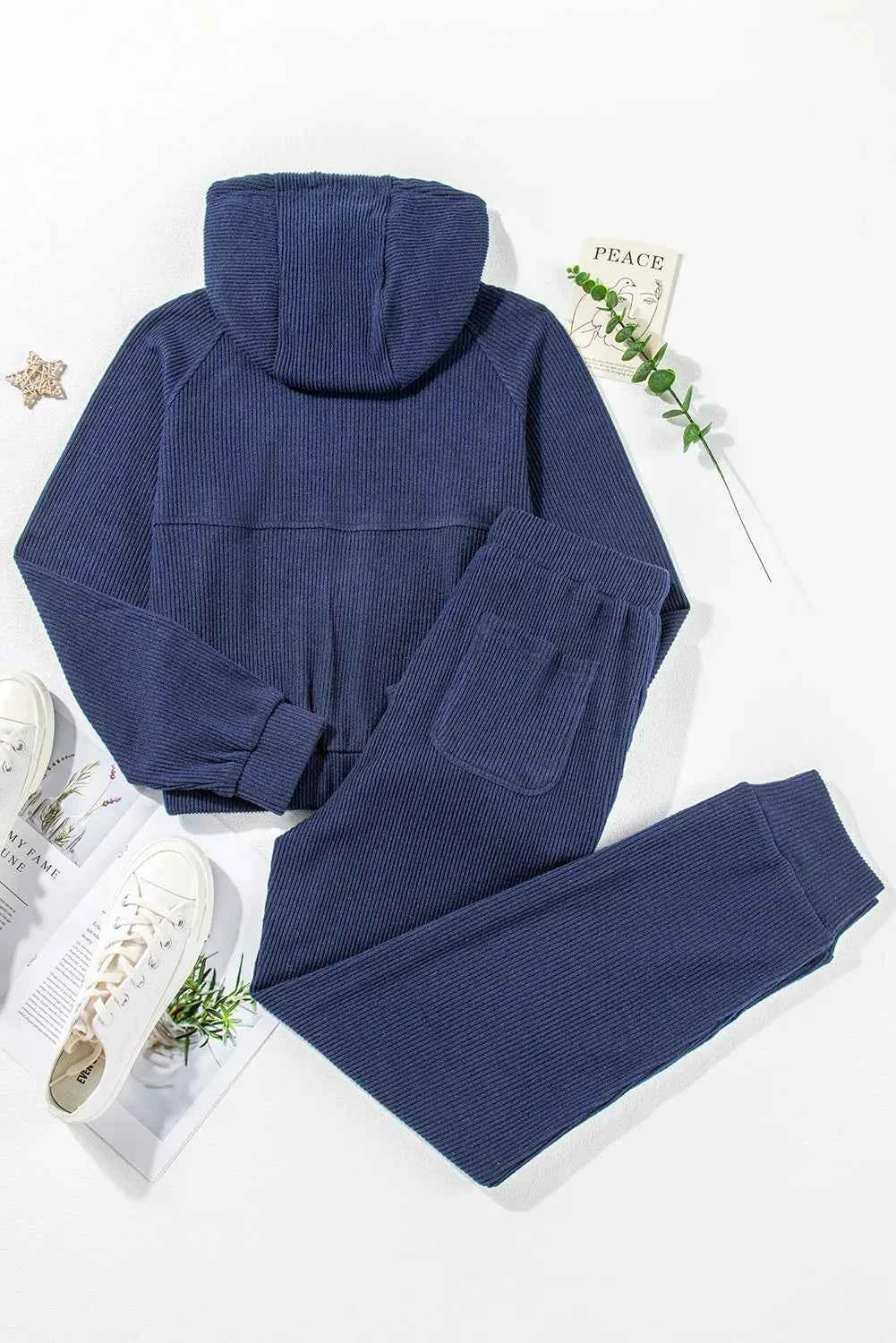 Ribbed Half Zip Cropped Hoodie and Drawstring Joggers Two Piece Set 7