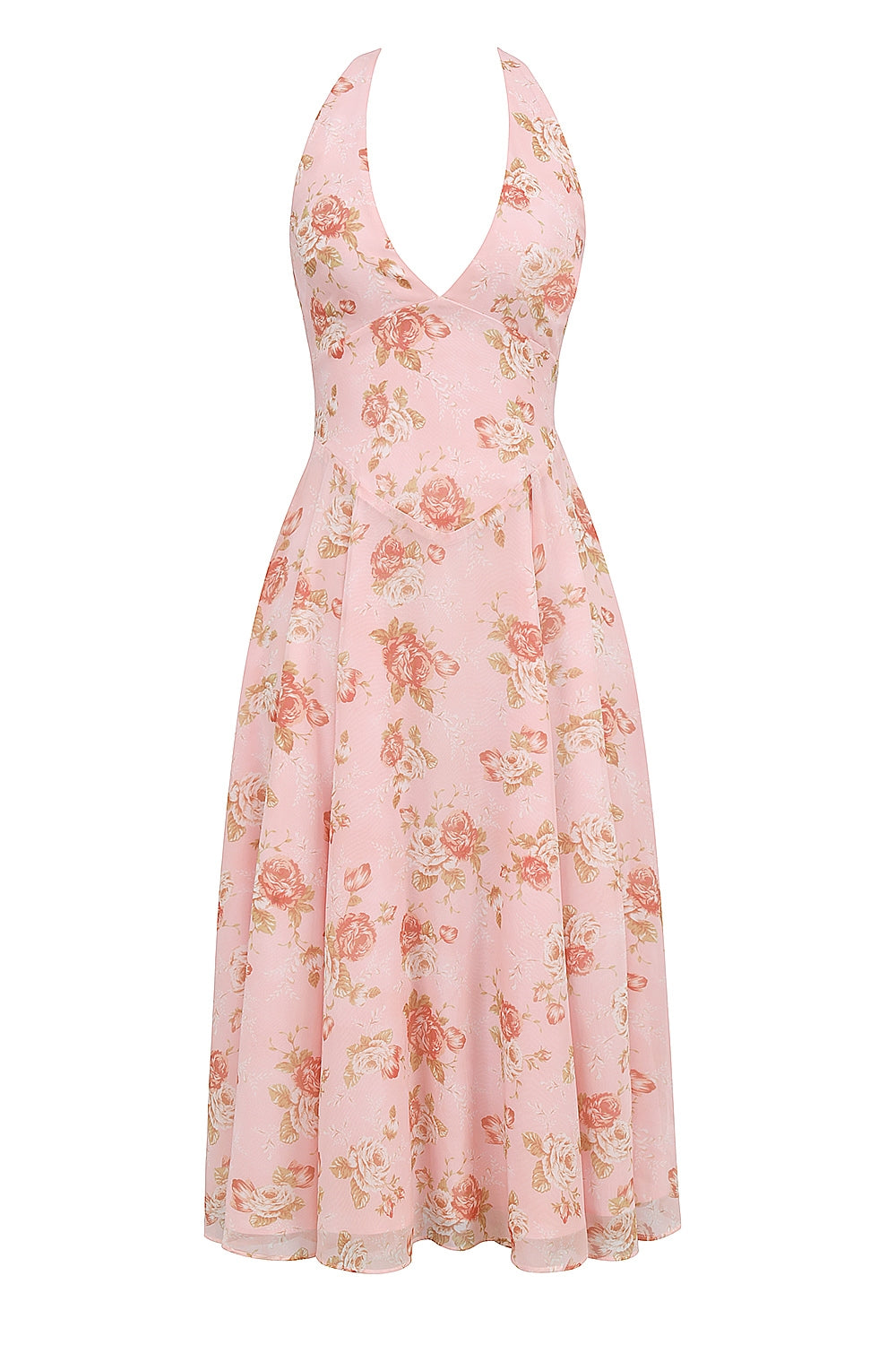 Rose Print Georgette Halter Plunge Full Skirt Midi Dress 10
