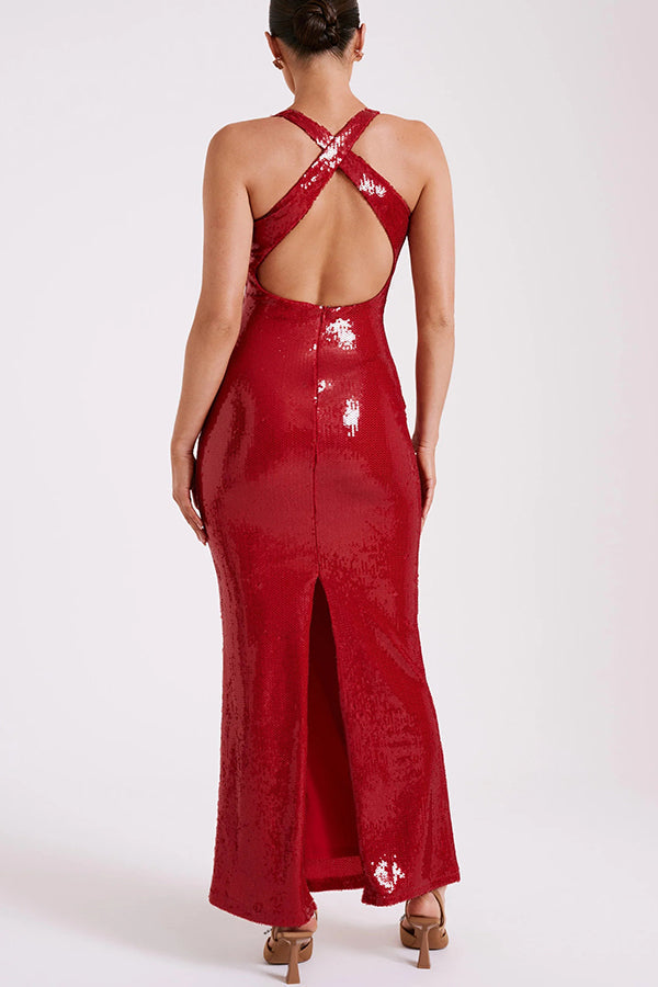 Sequin Halter Neck Floral Applique Backless Mermaid Maxi Dress