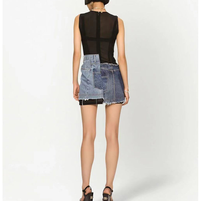 Patchwork Denim Overlay Sleeveless Sheer Mesh Bodycon Mini Dress 3