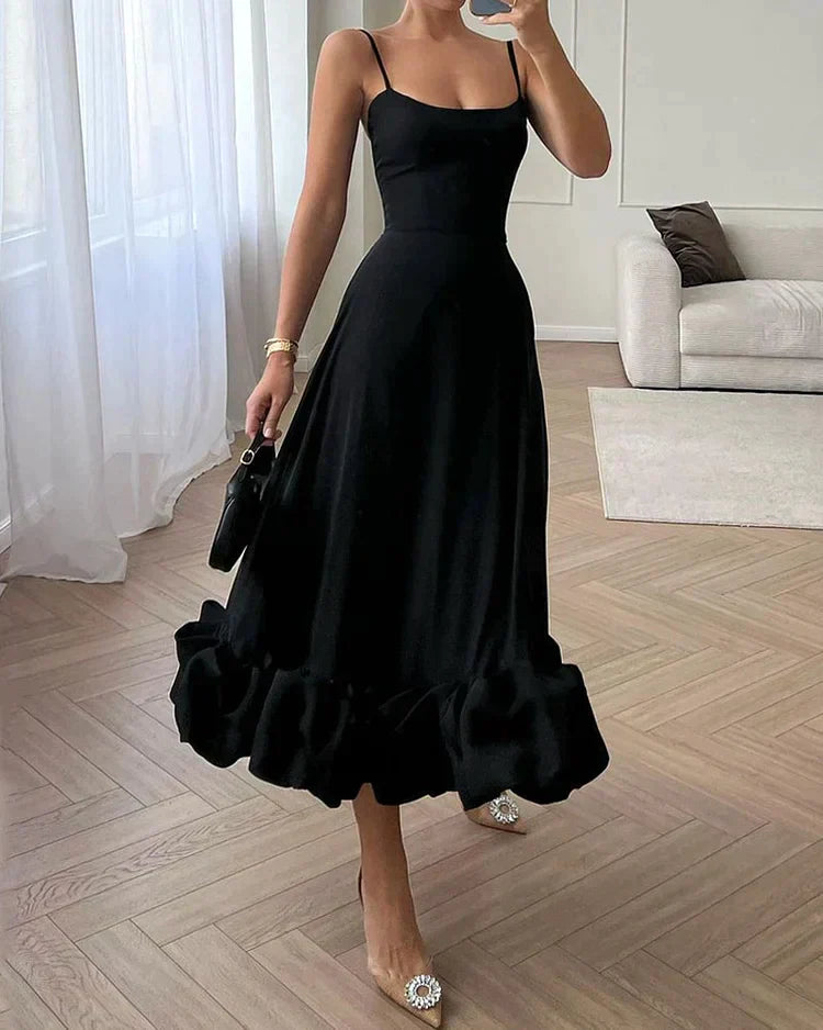 Spaghetti Strap Scoop Neck Puff Ruffle Hem A-Line Maxi Gown