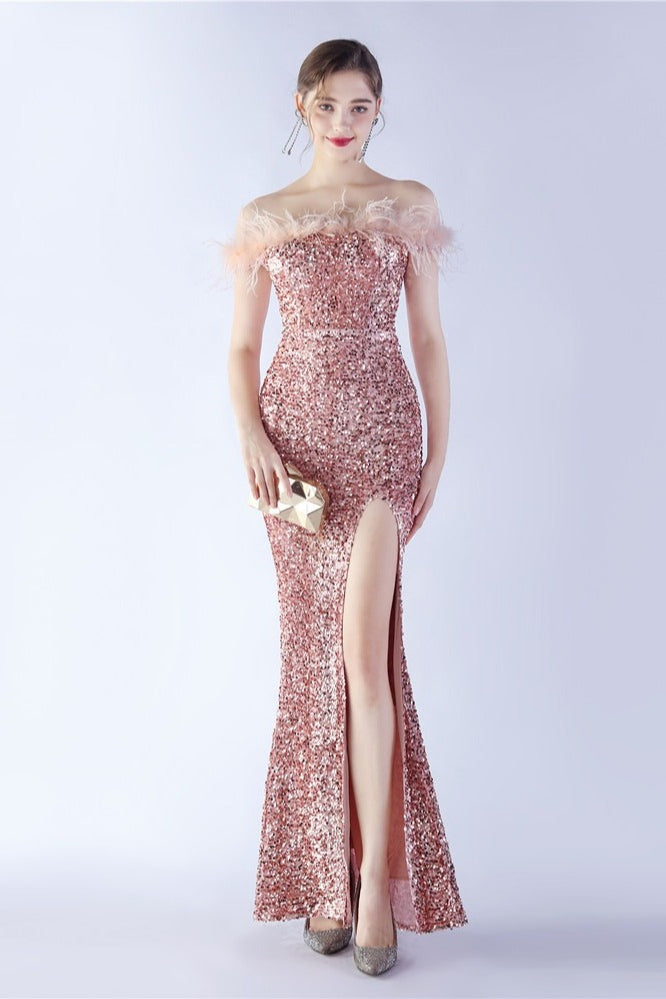 Sequin Off Shoulder Feather Trim High Split Mermaid Gown