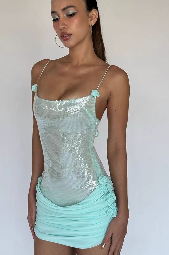 Sequin Scoop Neck Ruched Rosette Bodycon Mini Dress