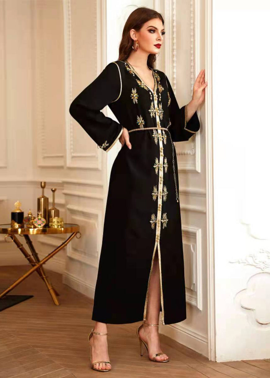 Metallic Embroidered Trim V-Neck Chain Belt Long Sleeve Maxi Gown