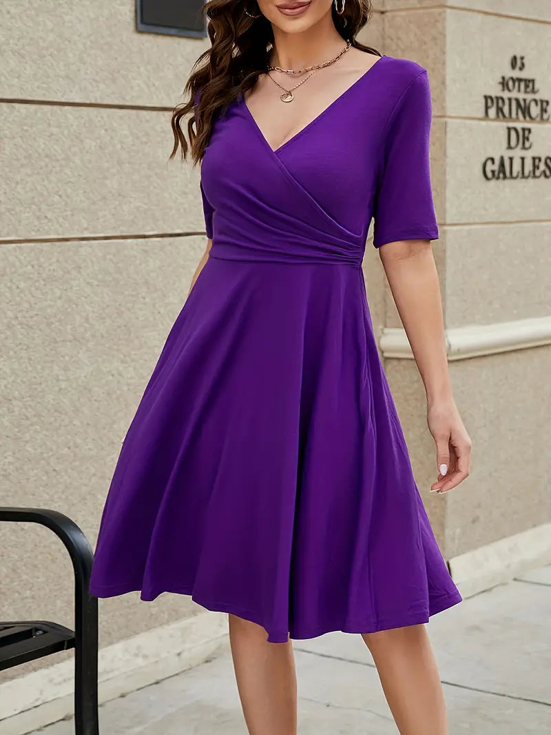 Wrap V-Neck Short Sleeve Fit and Flare Knee Length Midi Dress