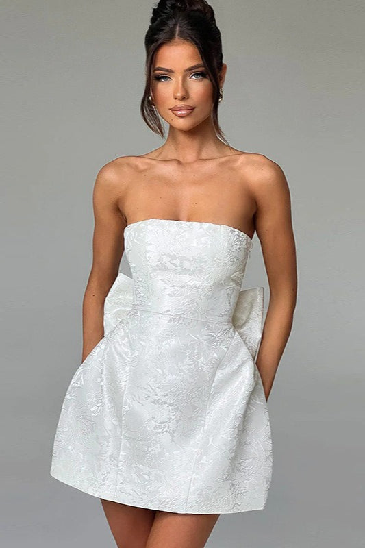 Jacquard Strapless Bow Back Fit and Flare Mini Dress