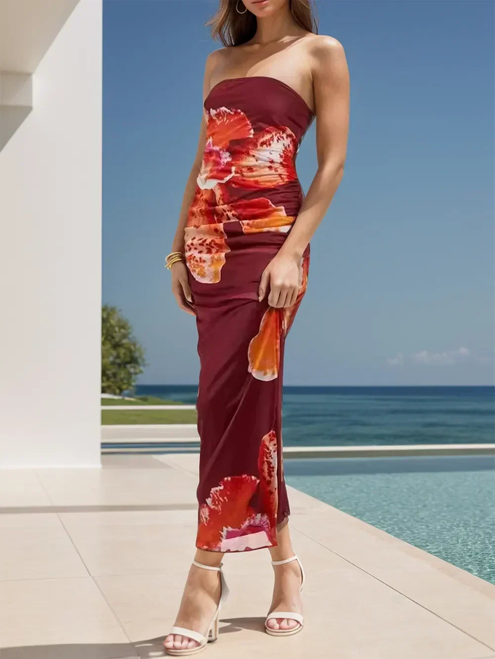 Floral Print Strapless Ruched Bodycon Maxi Dress