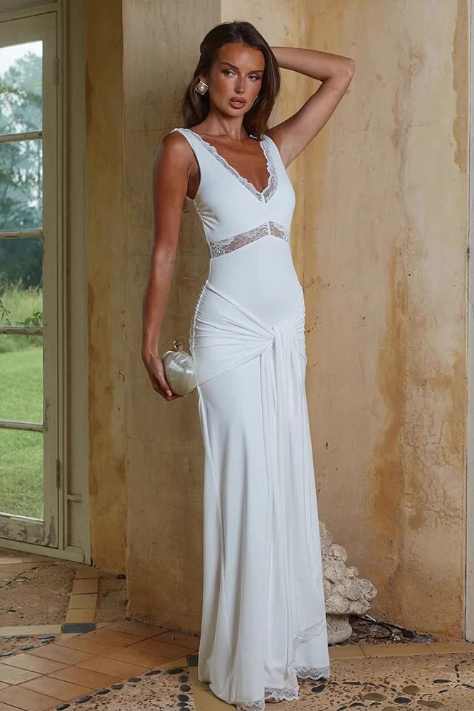 Lace Trim V-Neck Lace-Up Slim Long Lace Dress