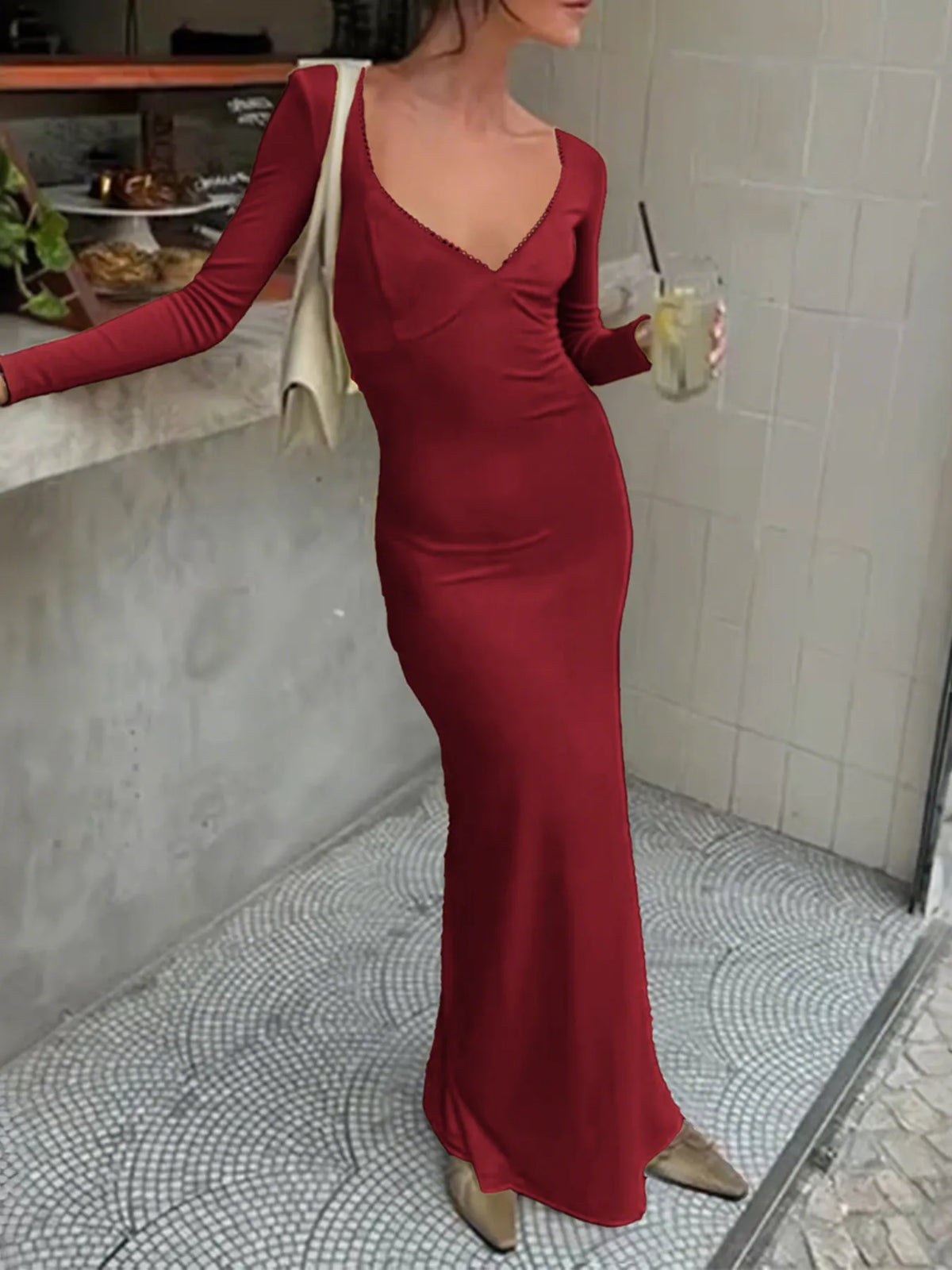 Deep V-Neck Long Sleeve Lettuce Trim Bodycon Maxi Dress
