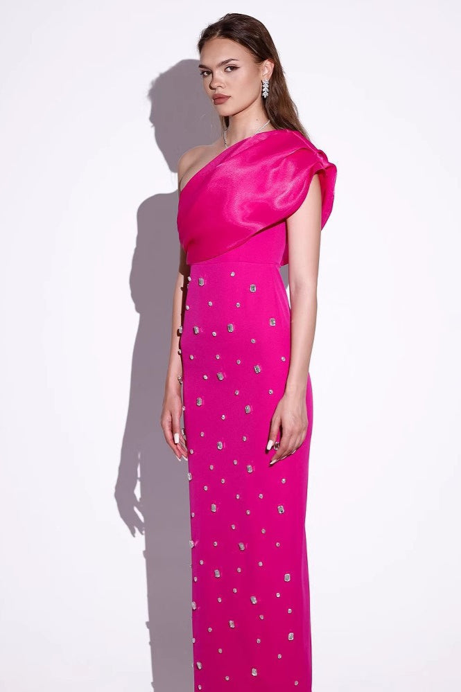 One Shoulder Rhinestone Bodycon Maxi Formal Dress