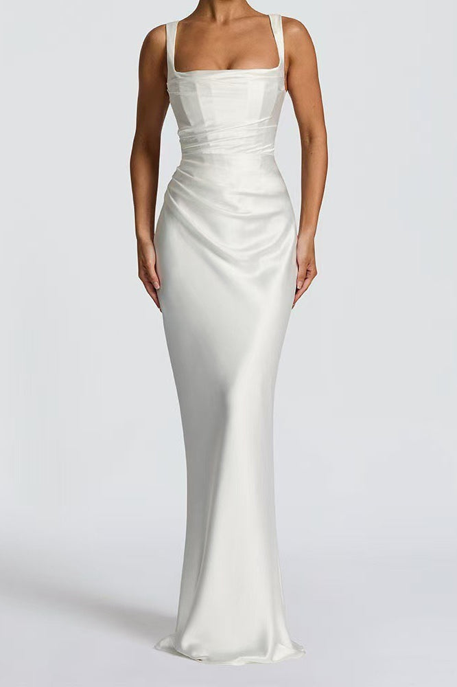 Satin Square Neck Ruched Slim Fit Maxi Prom Dress